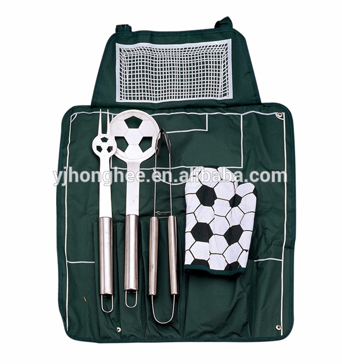 4-pcs soccer style barbecue tools mittens apron set