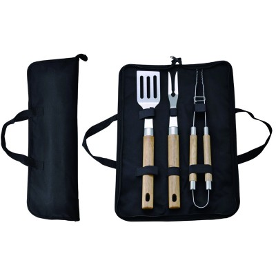 3-piece wooden handle BBQ barbecue tools set with nylon case